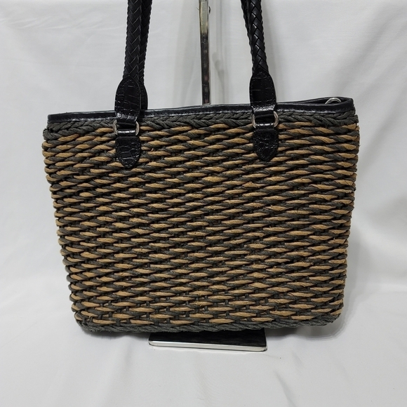 Vintage Brighton Raffia Straw Leather Trim Shoulder Bag - Black & Tan - Picture 7 of 16